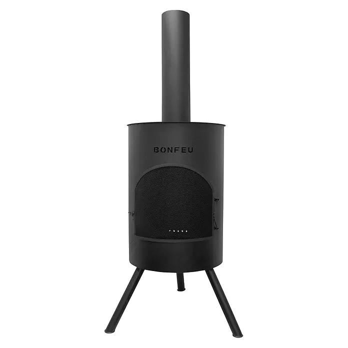 Bonfeu Chimenea de exterior Bonton - Ø x Al: 60 x 195 cm, Acero, Negro - Chimenea exterior de metal negro (estufa de jardín) con tres patas y marca "BONFEU", diseñada para calentar espacios exteriores.