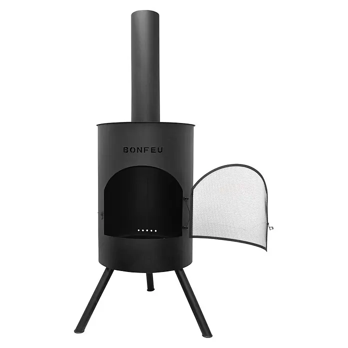 Bonfeu Chimenea de exterior Bonton - Ø x Al: 60 x 195 cm, Acero, Negro - Chimenea exterior de metal negro con chimenea alta y puerta de malla abierta, con la marca 'BONFEU'.