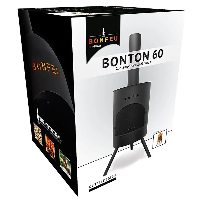 Bonfeu Chimenea de exterior Bonton - Ø x Al: 60 x 195 cm, Acero, Negro - Fogonero de acero negro Bonfeu Bonton 60 en su embalaje de venta.