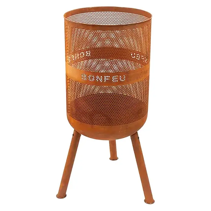 Bonfeu Chimenea de exterior Bonves - Ø x Al: 45 x 100 cm, Acero Corten, Marrón óxido - Brasero cilíndrico perforado de metal oxidado sobre tres patas, con texto 'BONFEU'.