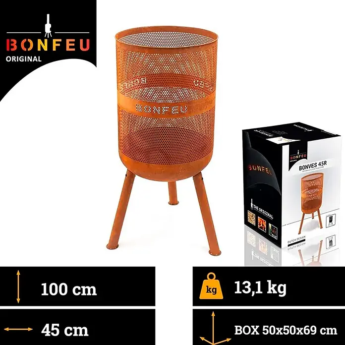 Bonfeu Chimenea de exterior Bonves - Ø x Al: 45 x 100 cm, Acero Corten, Marrón óxido - Brasero cilíndrico perforado de metal naranja rústico con tres patas y recortes de la marca.