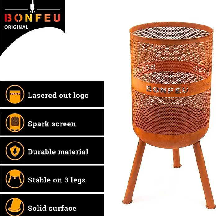Bonfeu Chimenea de exterior Bonves - Ø x Al: 45 x 100 cm, Acero Corten, Marrón óxido - Brasero de metal perforado marrón-anaranjado rústico con tres patas y logo "BONFEU".