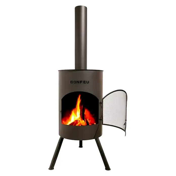 Bonfeu Chimenea de exterior Bonton - Ø x Al: 50 x 172 cm, Acero, Negro - Chimenea exterior BONFEU gris oscuro con chimenea alta, puerta abierta con fuego encendido y tres patas.