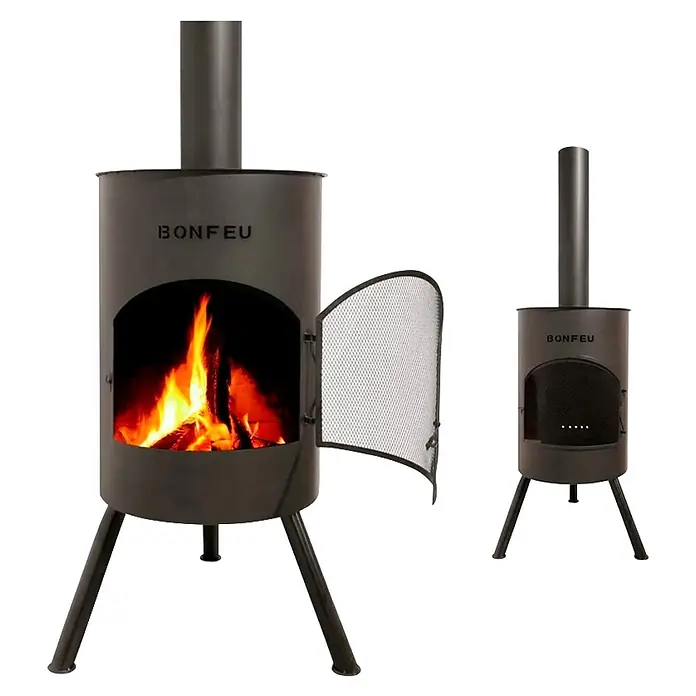 Bonfeu Chimenea de exterior Bonton - Ø x Al: 50 x 172 cm, Acero, Negro - Chimenea exterior de metal gris oscuro, una con puerta abierta y fuego visible, otra cerrada.