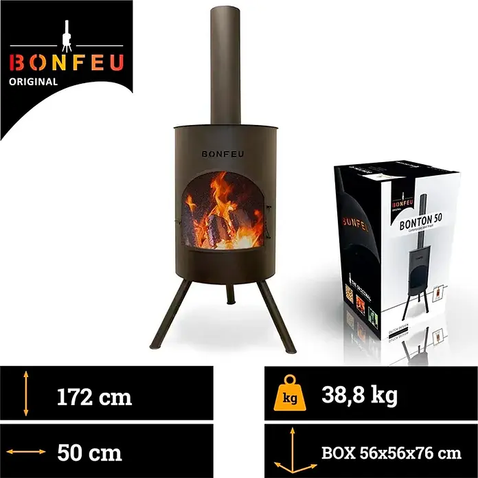 Bonfeu Chimenea de exterior Bonton - Ø x Al: 50 x 172 cm, Acero, Negro - Chimenea de exterior de metal negro con fuego encendido, mostrada con su embalaje y especificaciones del producto.