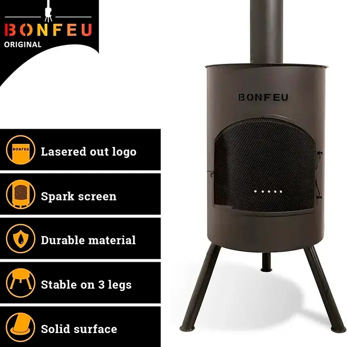 Bonfeu Chimenea de exterior Bonton - Ø x Al: 50 x 172 cm, Acero, Negro - Chimenea de exterior de metal negro con puerta de malla, chimenea y tres patas resistentes.