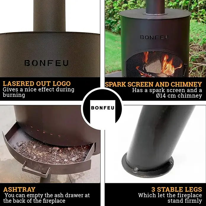 Bonfeu Chimenea de exterior Bonton - Ø x Al: 50 x 172 cm, Acero, Negro - Chimenea exterior de metal negro con pantalla antichispas, conducto de humos, cenicero extraíble y 3 patas estables.