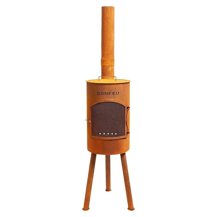 Bonfeu Chimenea de exterior Bongiano S - Ø x Al: 30 x 142 cm, Acero Corten, Marrón óxido - Chimenea exterior de metal oxidado con chimenea alta y puerta de malla, con texto 'BONFEU'.