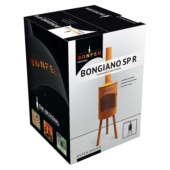 Bonfeu Chimenea de exterior Bongiano S - Ø x Al: 30 x 142 cm, Acero Corten, Marrón óxido - Caja de producto para una chimenea de acero contemporánea BonFeu Bongiano SPR, con la imagen del producto y la marca.