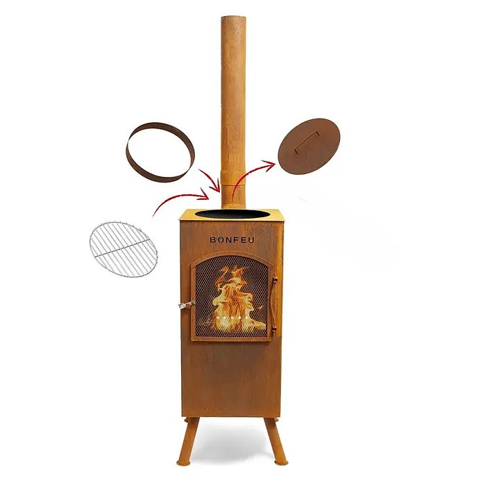 Bonfeu Chimenea de exterior Boncarre - L x An x Al: 35 x 35 x 164 cm, Acero Corten, Marrón óxido - Chimenea exterior de acero corten oxidado con chimenea, incluye parrilla, tapa y accesorios de anillo.