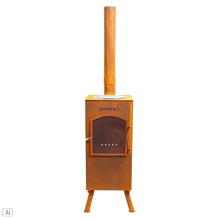 Bonfeu Chimenea de exterior Boncarre - L x An x Al: 35 x 35 x 164 cm, Acero Corten, Marrón óxido - Estufa de exterior de metal oxidado con chimenea alta y parrilla circular en la parte superior.