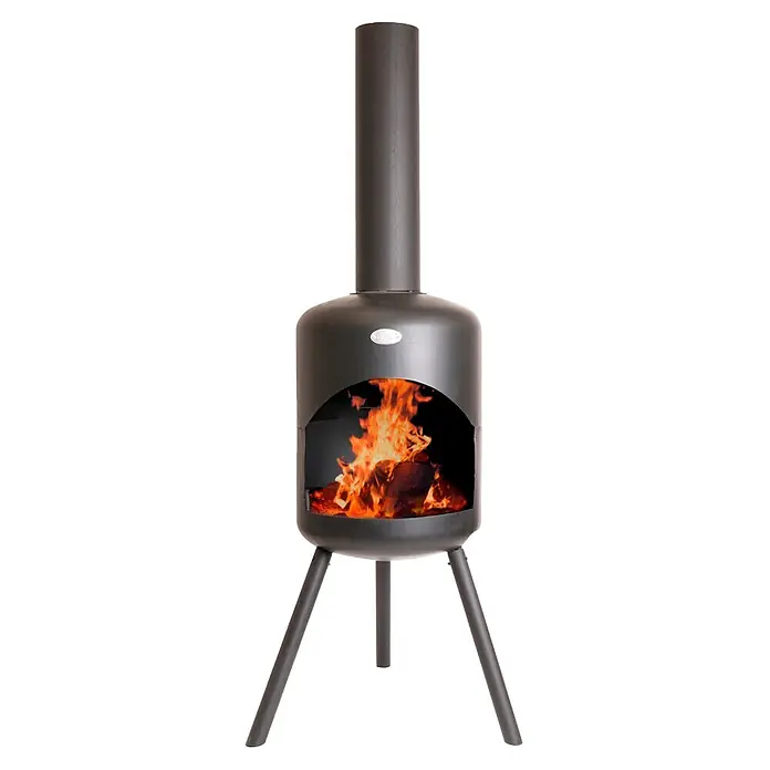 Bonfeu Chimenea de exterior Bonselo - Ø x Al: 39 x 147 cm, Acero, Negro - Chimenea de metal gris oscuro con fuego encendido en su interior, sobre tres patas.