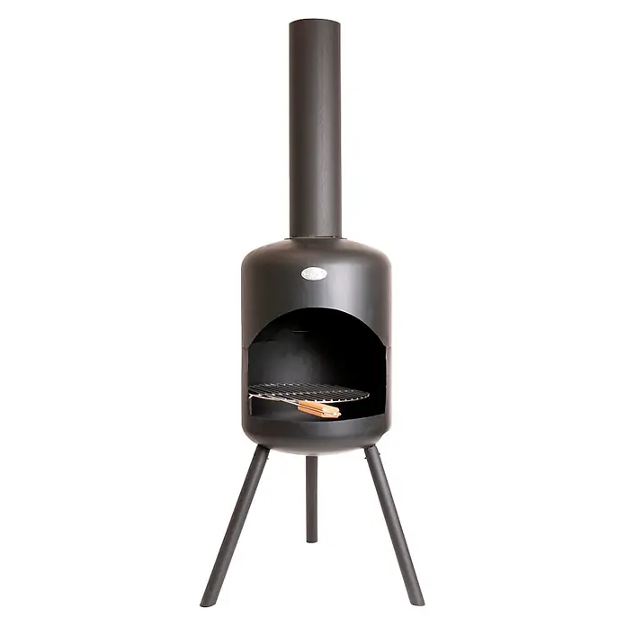 Bonfeu Chimenea de exterior Bonselo - Ø x Al: 39 x 147 cm, Acero, Negro - Chimenea exterior de metal negro con chimenea alta y parrilla, sobre tres patas.
