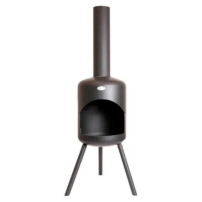Bonfeu Chimenea de exterior Bonselo - Ø x Al: 39 x 147 cm, Acero, Negro - Chimenea de exterior de metal negro con chimenea alta y amplia abertura para el fuego, sobre tres patas.