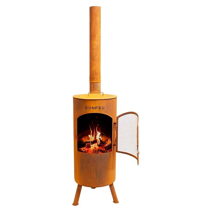 Bonfeu Chimenea de exterior Bontino L - Ø x Al: 35 x 164 cm, Acero Corten, Marrón óxido - Chimenea de jardín de acero corten con acabado rústico, fuego activo, puerta de malla abierta y chimenea. "BONFEU" visible.