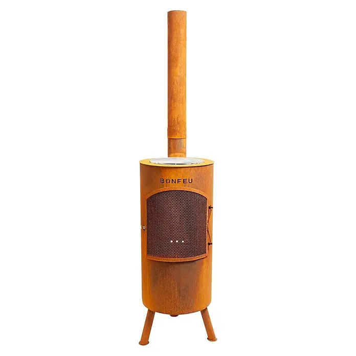 Bonfeu Chimenea de exterior Bontino L - Ø x Al: 35 x 164 cm, Acero Corten, Marrón óxido - Brasero exterior de metal oxidado con chimenea, parrilla y puerta de malla, marca BONFEU.