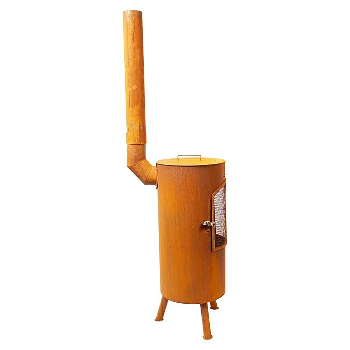Bonfeu Chimenea de exterior Bontino L - Ø x Al: 35 x 164 cm, Acero Corten, Marrón óxido - Estufa de exterior de metal amarillento oxidado con chimenea y tres patas.