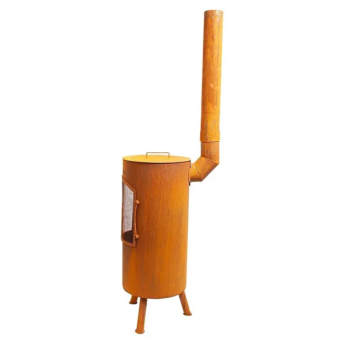 Bonfeu Chimenea de exterior Bontino L - Ø x Al: 35 x 164 cm, Acero Corten, Marrón óxido - Estufa exterior de metal oxidado con chimenea, tapa y puerta de malla sobre tres patas.