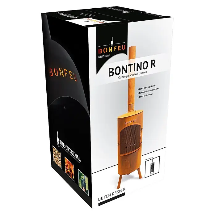 Bonfeu Chimenea de exterior Bontino L - Ø x Al: 35 x 164 cm, Acero Corten, Marrón óxido - Embalaje para la chimenea de acero Bonfeu Bontino R, con imagen de la estufa exterior de color óxido.