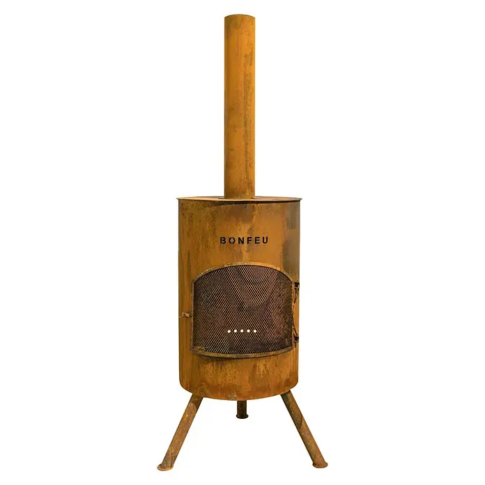 Bonfeu Chimenea de exterior Bonton - Ø x Al: 40 x 145 cm, Acero Corten, Marrón óxido - Chimenea exterior de acero patinado con tiro, tres patas y puerta de malla, marcada 'BONFEU'.