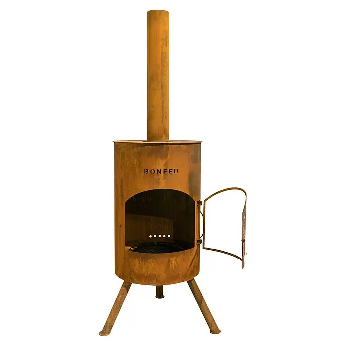 Bonfeu Chimenea de exterior Bonton - Ø x Al: 40 x 145 cm, Acero Corten, Marrón óxido - Chimenea exterior de metal oxidado con chimenea alta y puerta abierta, con el logo "BONFEU".