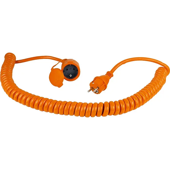 as-schwabe Verlängerungskabel H07BQ-F 3G1,5 - 5 m, Orange, IP44 - Orange Spiralkabel-Verlängerung mit Schutzkappe an der Steckdose und Standardstecker.