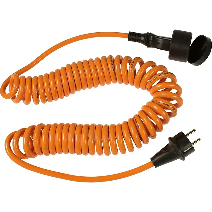 as-schwabe Verlängerungskabel H07BQ-F 3G1,5 - 5 m, Orange, IP44 - Oranges Spiralkabel mit Stecker und Schutzkappe am Buchsenende für elektrische Anschlüsse.