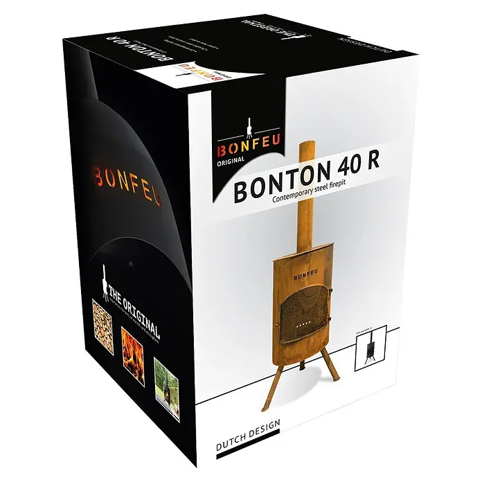 Bonfeu Chimenea de exterior Bonton - Ø x Al: 40 x 145 cm, Acero Corten, Marrón óxido - Caja de producto para una hoguera de acero contemporánea Bonfeu Bonton 40 R, presenta la hoguera de aspecto rústico y la marca.