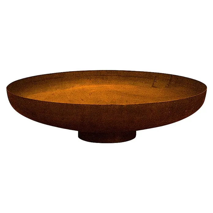 Outr Brasero Jesco - Diámetro: 100 cm, Acero Corten - Brasero circular de metal marrón oscuro con superficie texturizada y base redonda pequeña.