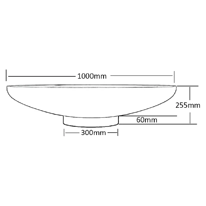 Outr Brasero Jesco - Diámetro: 100 cm, Acero Corten - Dibujo técnico de un cuenco con 1000mm de diámetro, 255mm de altura y una base de 300mm de ancho y 60mm de alto.