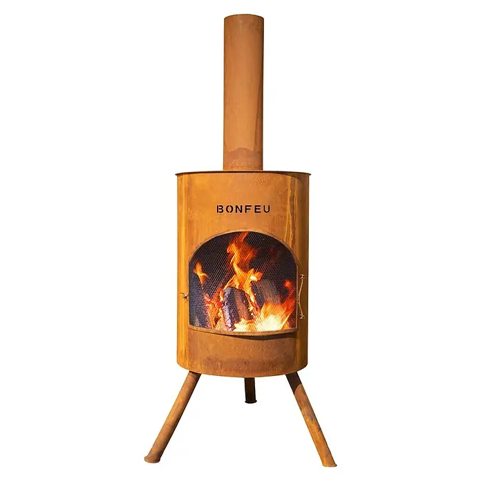 Bonfeu Chimenea de exterior Bonton - Ø x Al: 60 x 195 cm, Acero Corten, Marrón óxido - Chimenea exterior de metal envejecido con fuego activo, cuerpo cilíndrico y tres patas robustas.