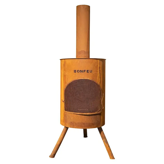 Bonfeu Chimenea de exterior Bonton - Ø x Al: 60 x 195 cm, Acero Corten, Marrón óxido - Chimenea de exterior de metal dorado-marrón rústico con inscripción "BONFEU", puerta de malla y tres patas robustas.