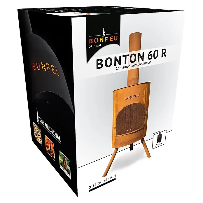 Bonfeu Chimenea de exterior Bonton - Ø x Al: 60 x 195 cm, Acero Corten, Marrón óxido - Caja de producto para una hoguera de acero contemporánea BONFEU BONTON 60 R con acabado marrón envejecido.
