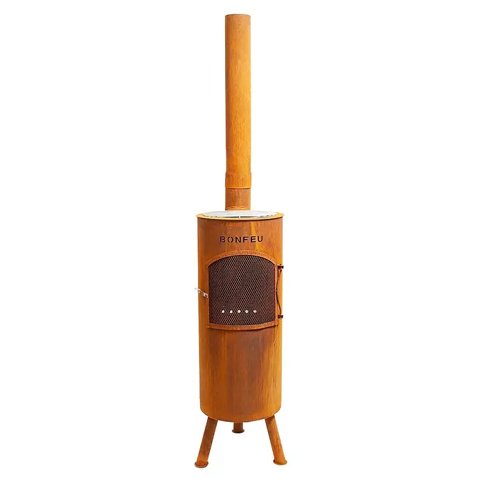 Bonfeu Chimenea de exterior Bongiano L - Ø x Al: 30 x 164 cm, Acero Corten, Marrón óxido - Estufa exterior rústica de acero corten con chimenea alta, puerta de malla y marca BONFEU.