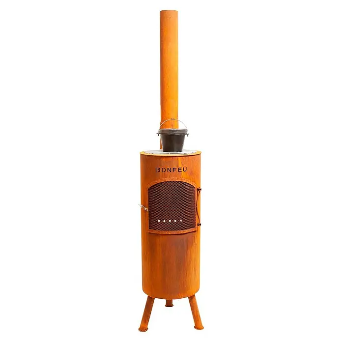 Bonfeu Chimenea de exterior Bongiano L - Ø x Al: 30 x 164 cm, Acero Corten, Marrón óxido - Estufa de exterior alta y rústica de acero Corten con chimenea, puerta de malla y olla negra. Marca 'BONFEU'.