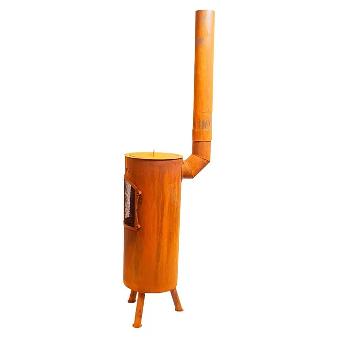 Bonfeu Chimenea de exterior Bongiano L - Ø x Al: 30 x 164 cm, Acero Corten, Marrón óxido - Estufa de leña exterior oxidada de color naranja-marrón con chimenea alta, puerta de malla y tres patas.