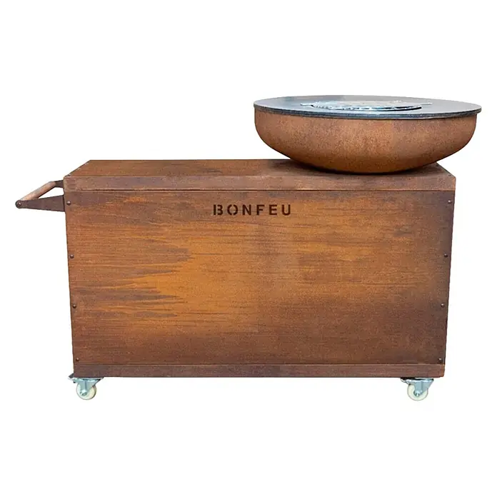 Bonfeu Brasero barbacoa Bonbiza Island - Ø x Al: 82 x 110 cm, Acero, Marrón óxido - Fogón exterior color óxido con un gran tazón sobre una caja de almacenamiento con ruedas y asa, marca BONFEU.