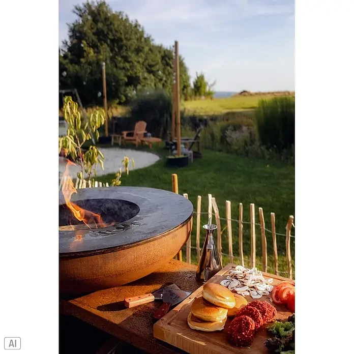 Bonfeu Brasero barbacoa Bonbiza Island - Ø x Al: 82 x 110 cm, Acero, Marrón óxido - Brasero de metal oxidado con superficie de cocción plana en exterior, con alimentos como panecillos y verduras listos para asar.