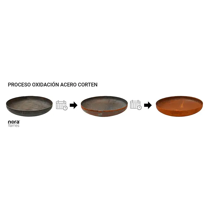 Nora Flames Brasero Calsotera con grill - Diámetro: 80 cm, Acero Corten - Objeto de acero Corten mostrando su proceso de oxidación, de gris oscuro a un rico naranja óxido con el tiempo.