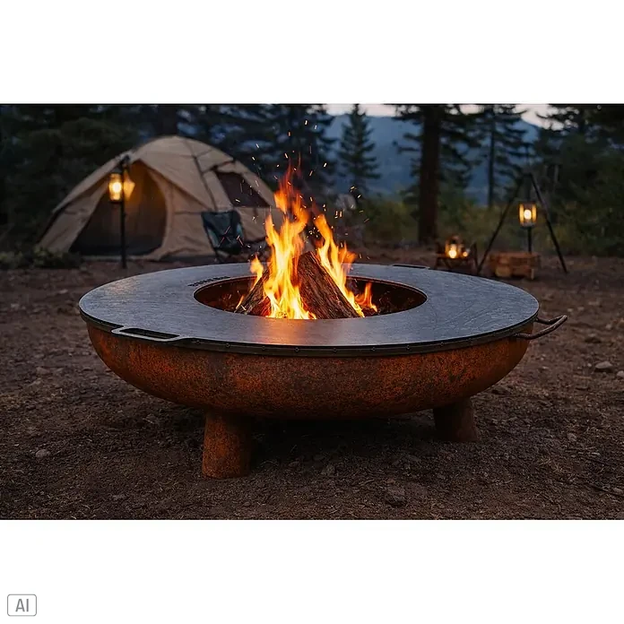 Nora Flames Brasero Calsotera con patas + plancha - Diámetro: 80 cm, Acero Corten - Una hoguera rústica de metal oxidado con una plancha oscura y fuego encendido, en un entorno de camping con tienda.