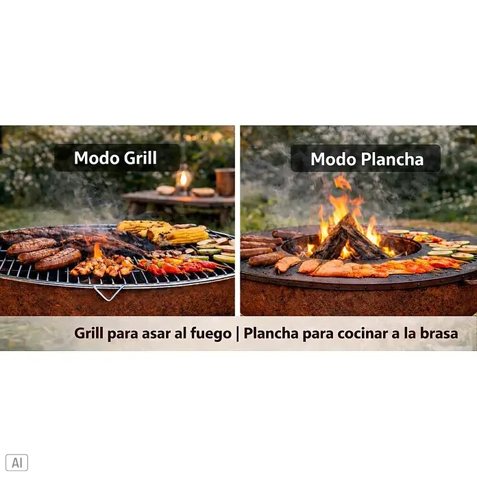 Nora Flames Brasero Calsotera con grill - Diámetro: 80 cm, Acero Corten - Fogón redondo con doble función: asar alimentos en parrilla y cocinar en plancha sobre fuego abierto.