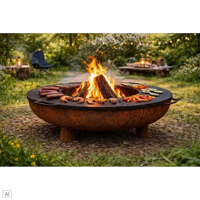 Nora Flames Brasero Calsotera con patas + plancha - Diámetro: 80 cm, Acero Corten - Gran parrilla rústica de metal, cocinando salchichas, camarones y verduras en su borde plano sobre fuego de leña al aire libre.