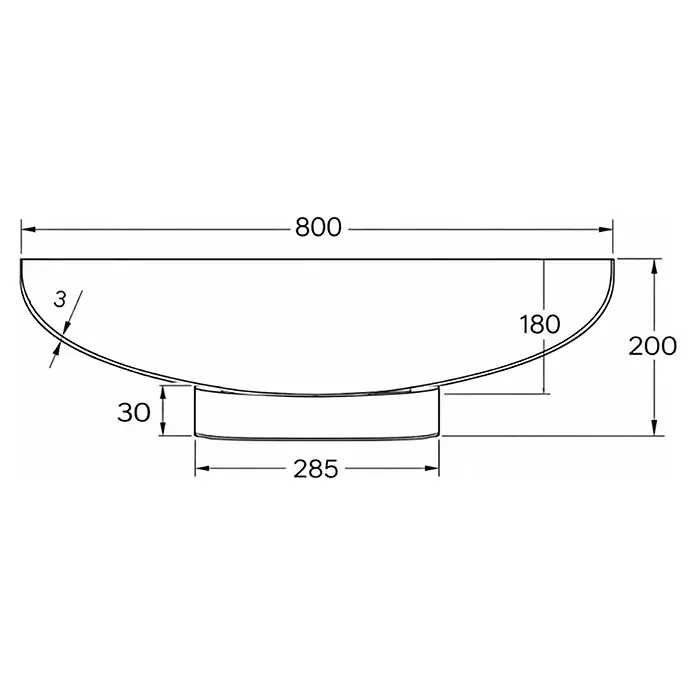 Nora Flames Brasero Calsotera - Diámetro: 80 cm, Acero Corten - Dibujo técnico de un lavabo con dimensiones: 800mm de ancho, 200mm de alto, 3mm de espesor de pared y base de 285x30mm.