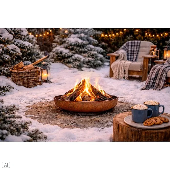 Nora Flames Brasero Calsotera - Diámetro: 80 cm, Acero Corten - Brasero de metal oxidado con fuego ardiente en un entorno exterior nevado, rodeado de luces festivas y asientos acogedores.
