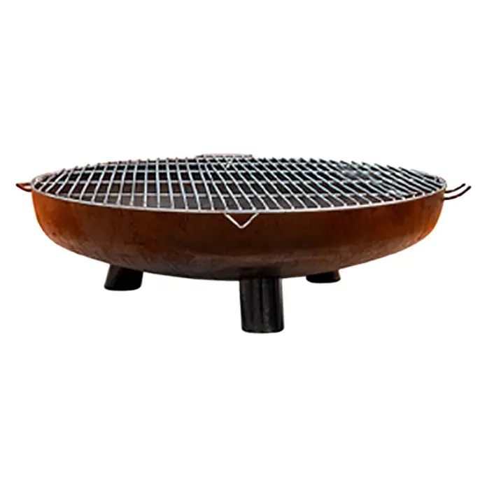 Nora Flames Brasero Calsotera con patas + grill - Diámetro: 80 cm, Acero Corten - Brasero de metal oxidado con patas negras y parrilla de acero inoxidable.