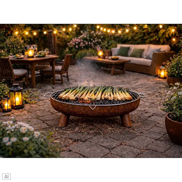 Nora Flames Brasero Calsotera con patas + grill - Diámetro: 80 cm, Acero Corten - Brasero de metal oxidado con parrilla, asando cebolletas en un patio exterior.