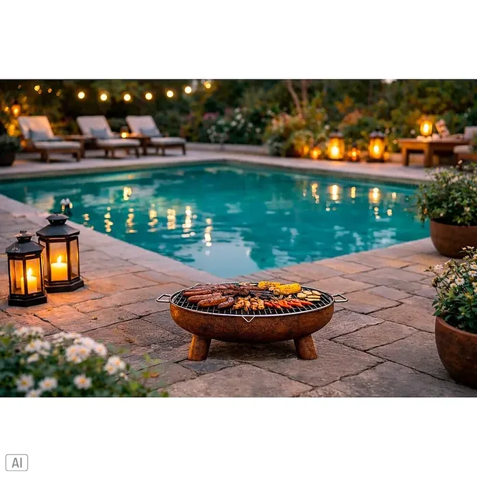 Nora Flames Brasero Calsotera con patas + grill - Diámetro: 80 cm, Acero Corten - Parrilla de pozo de fuego de metal oxidado con comida cocinándose, junto a una piscina iluminada de noche.