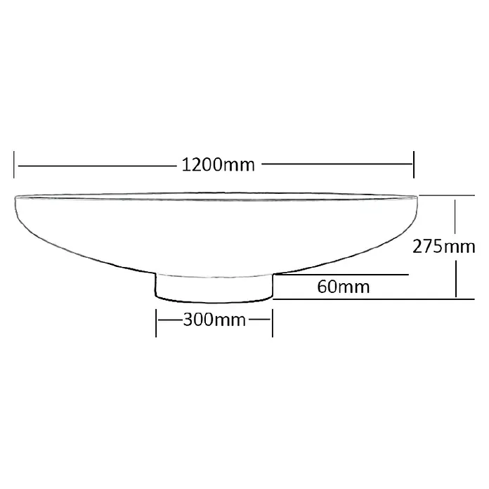 Outr Brasero Jesco - Diámetro: 120 cm, Acero Corten - Dibujo técnico acotado de un gran cuenco redondo o fogón, de 1200mm de ancho y 275mm de alto, con una base de 300mm de ancho y 60mm de alto.