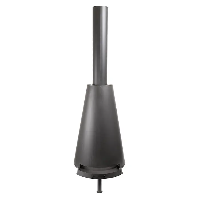 Bonfeu Chimenea de exterior Bonpyra - Ø x Al: 50 x 166 cm, Acero, Negro - Chimenea cónica exenta gris oscuro con una chimenea cilíndrica alta y una única pata de soporte central.