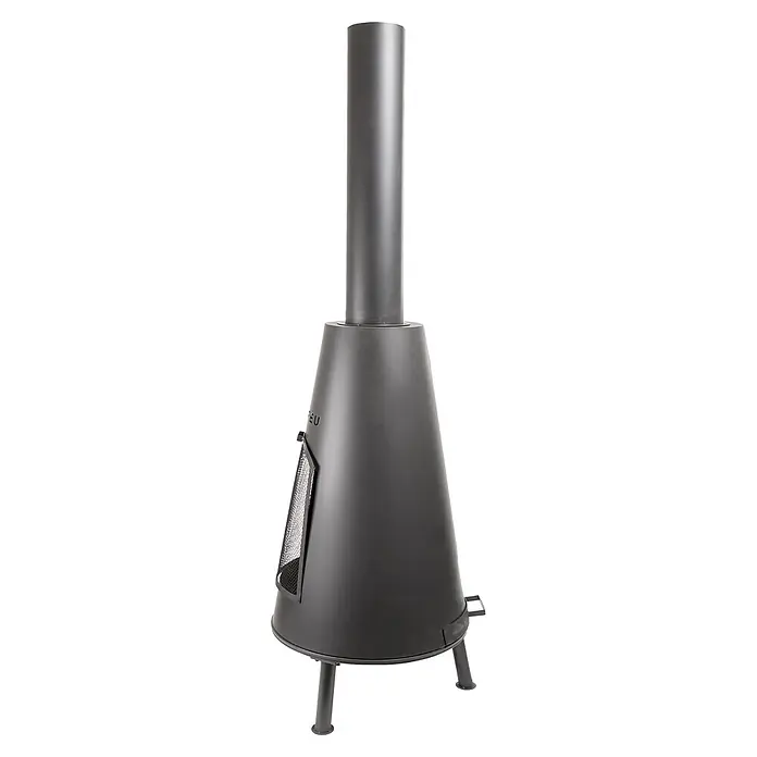 Bonfeu Chimenea de exterior Bonpyra - Ø x Al: 50 x 166 cm, Acero, Negro - Chimenea exterior de metal gris oscuro con base cónica, chimenea alta y abertura de malla para el hogar.